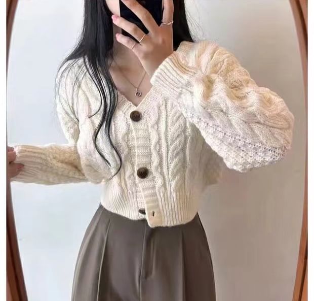 Cable-Knit Cropped V-Neck Cardigan