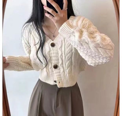 Cable-Knit Cropped V-Neck Cardigan