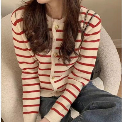 Striped Round Neck Cardigan