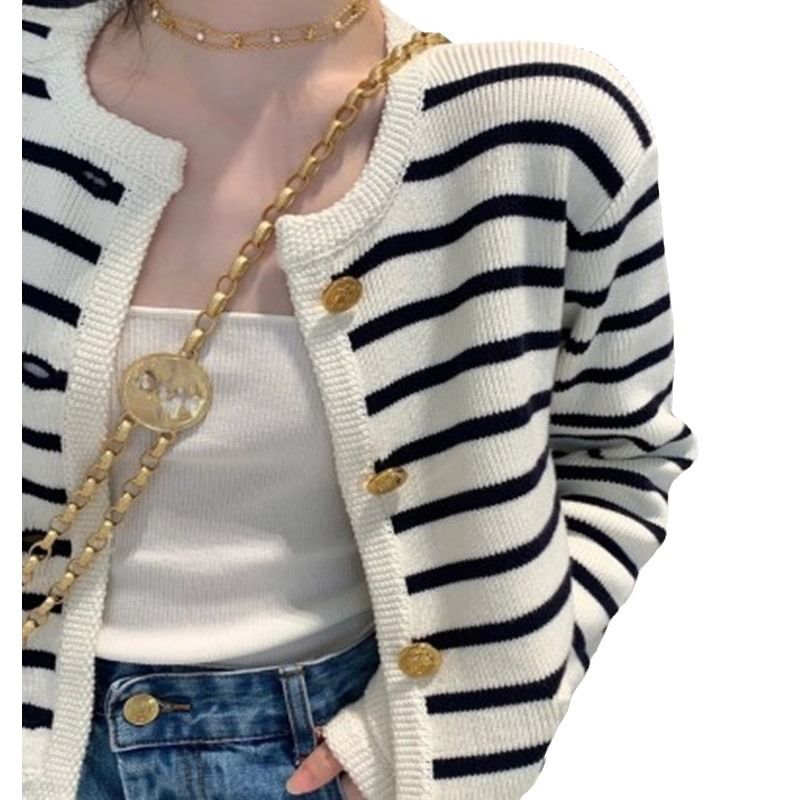 Striped Round Neck Cardigan
