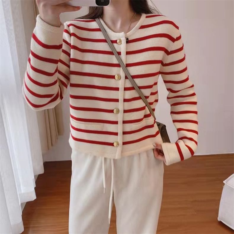 Striped Round Neck Cardigan
