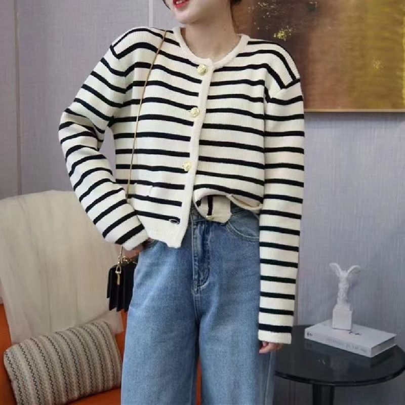 Striped Round Neck Cardigan