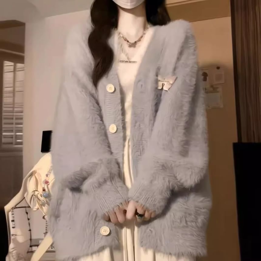 Fluffy Oversized Puff-Sleeve V-Neck Cardigan