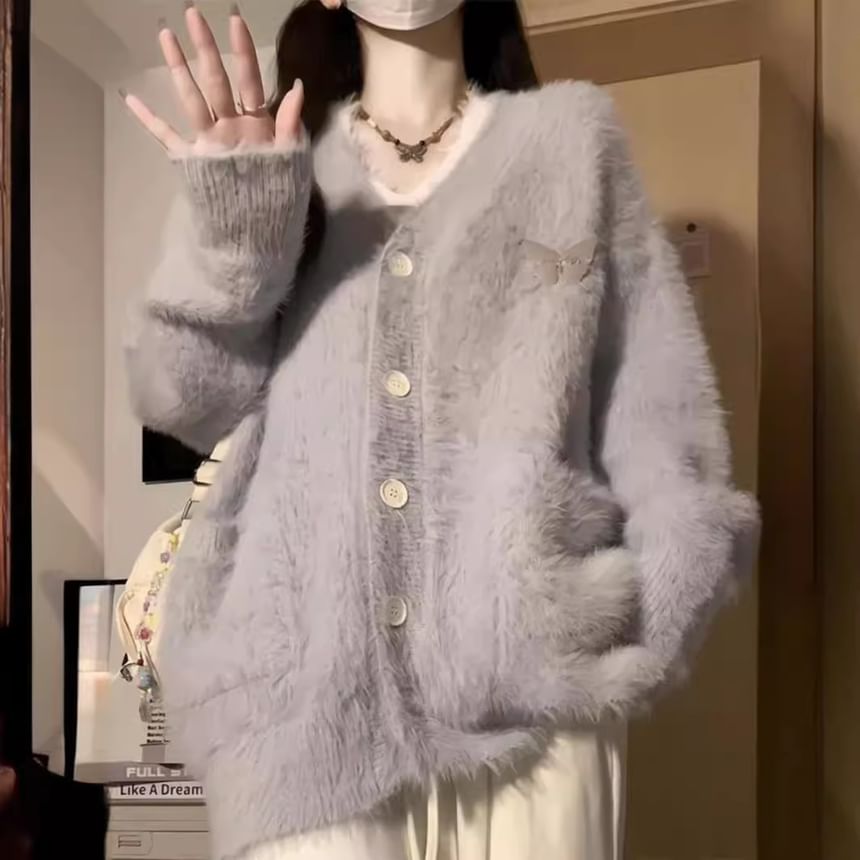 Fluffy Oversized Puff-Sleeve V-Neck Cardigan
