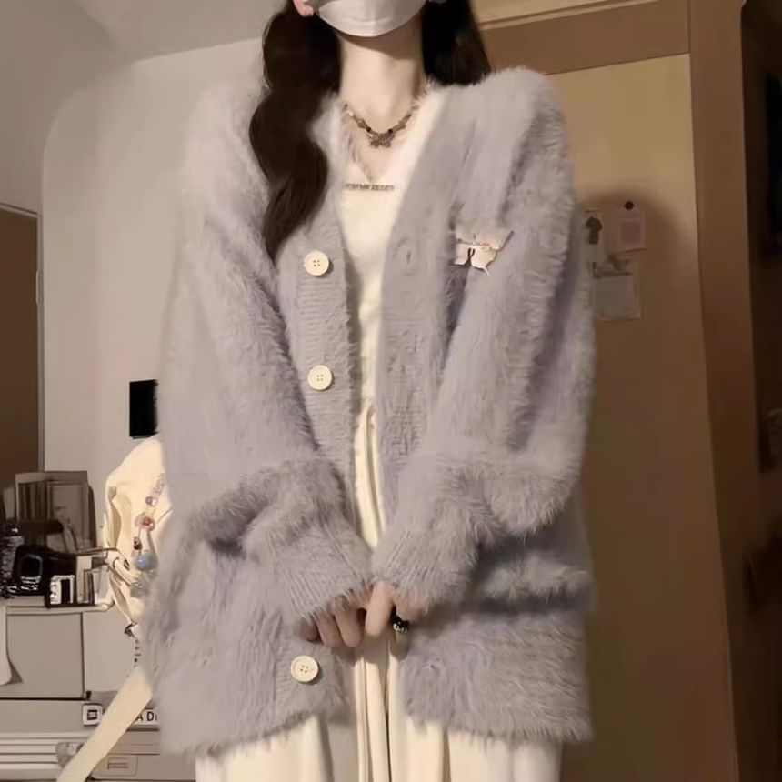 Fluffy Oversized Puff-Sleeve V-Neck Cardigan
