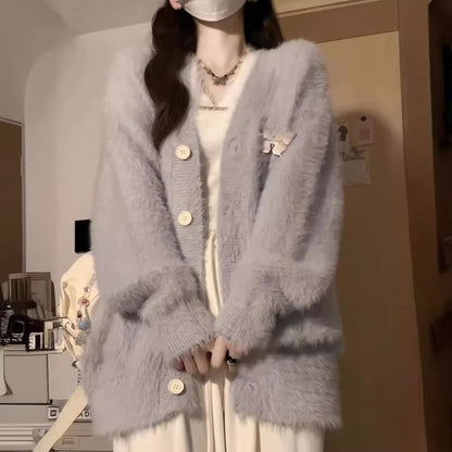 Fluffy Oversized Puff-Sleeve V-Neck Cardigan