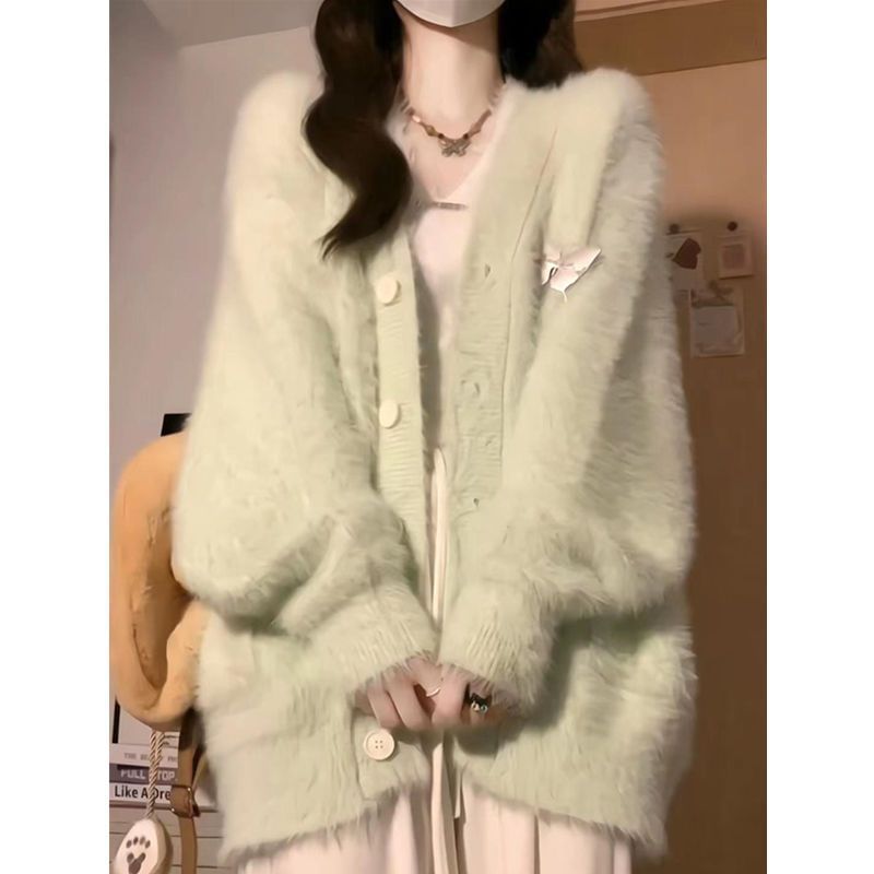 Fluffy Oversized Puff-Sleeve V-Neck Cardigan