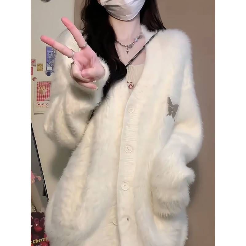 Fluffy Oversized Puff-Sleeve V-Neck Cardigan