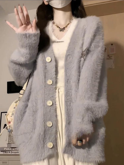 Fluffy Oversized Puff-Sleeve V-Neck Cardigan