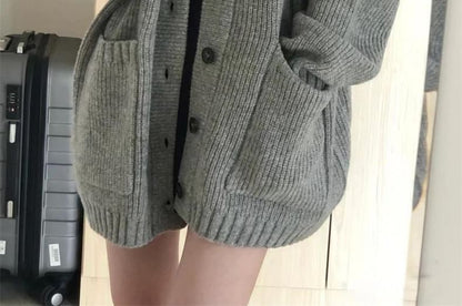 Oversized V-Neck Cardigan with Pocket Detail