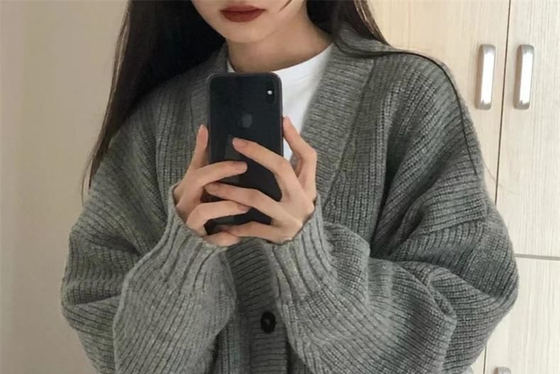 Oversized V-Neck Cardigan with Pocket Detail