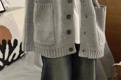 Oversized V-Neck Cardigan with Pocket Detail