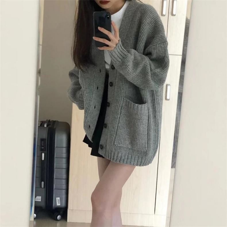 Oversized V-Neck Cardigan with Pocket Detail