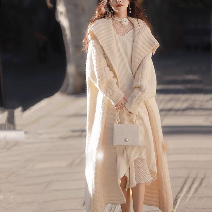 Cable-Knit Maxi Open Front Cardigan with Collar