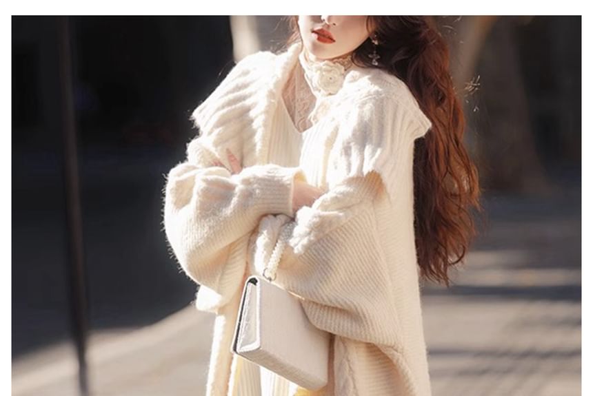 Cable-Knit Maxi Open Front Cardigan with Collar