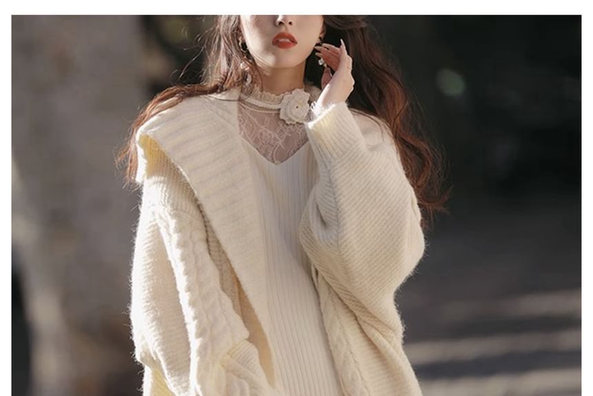 Cable-Knit Maxi Open Front Cardigan with Collar