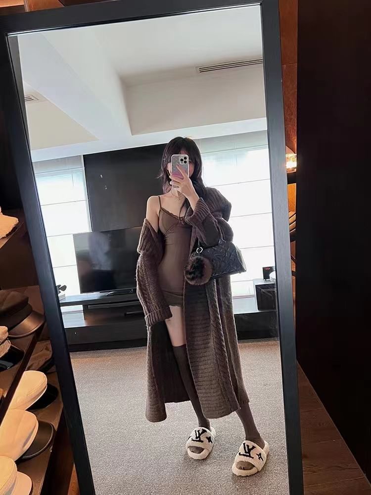 Cable-Knit Maxi Open Front Cardigan with Collar