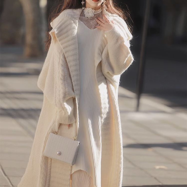 Cable-Knit Maxi Open Front Cardigan with Collar