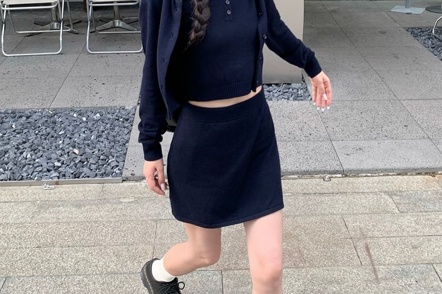 Round Neck Cardigan Set with Sleeveless Crop Top and Mini Skirt