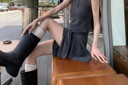 Round Neck Cardigan Set with Sleeveless Crop Top and Mini Skirt