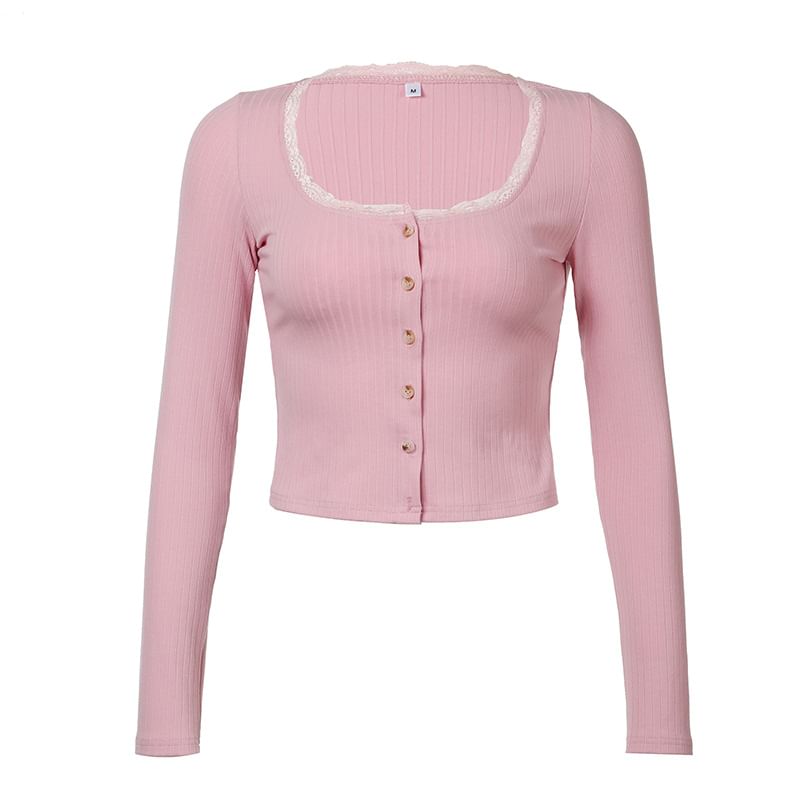 Ribbed-Knit Round-Neck Lace-Trim Crop Cardigan