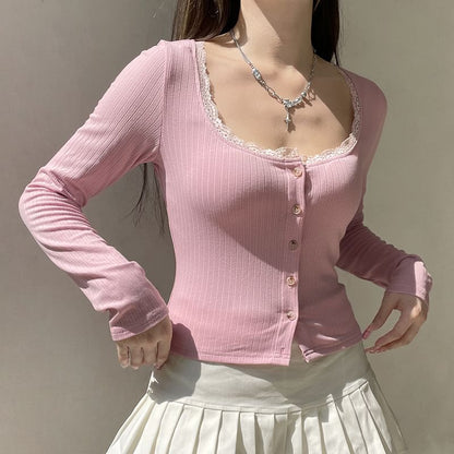 Ribbed-Knit Round-Neck Lace-Trim Crop Cardigan