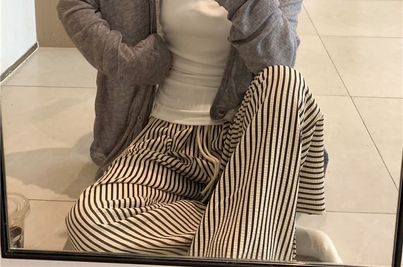 Scoop Neck Tank Top, V-Neck Cardigan & Striped Pants Pajama Set