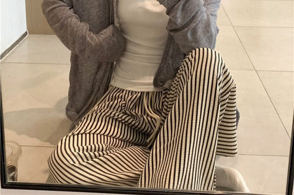Scoop Neck Tank Top, V-Neck Cardigan & Striped Pants Pajama Set