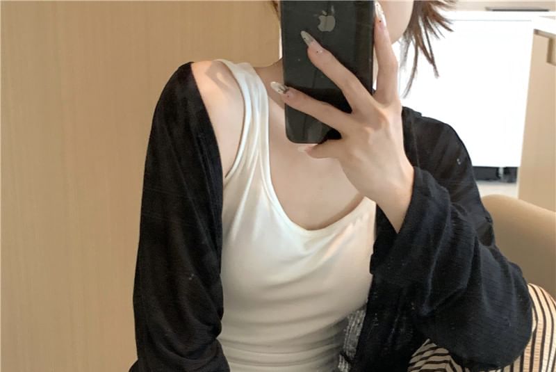 Scoop Neck Tank Top, V-Neck Cardigan & Striped Pants Pajama Set