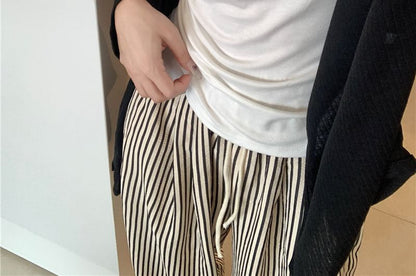 Scoop Neck Tank Top, V-Neck Cardigan & Striped Pants Pajama Set