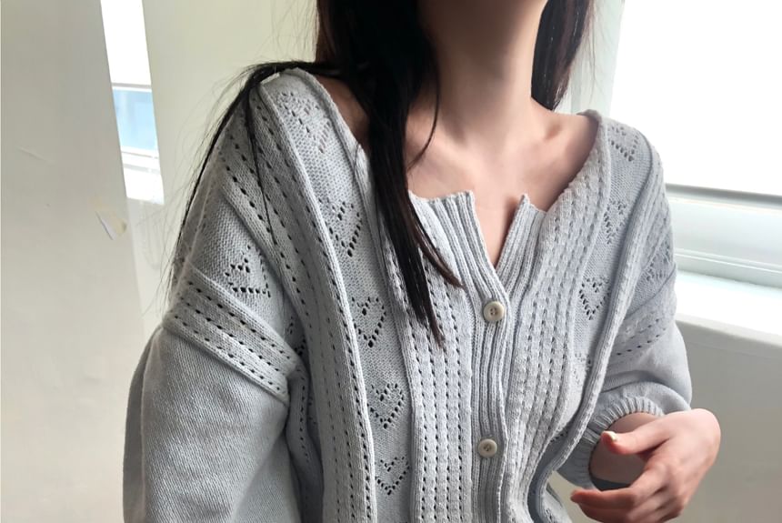 3/4-Sleeve Round Neck Pointelle Cardigan