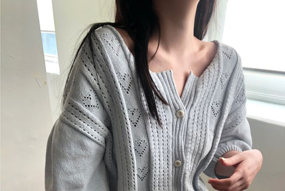 3/4-Sleeve Round Neck Pointelle Cardigan