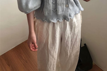 3/4-Sleeve Round Neck Pointelle Cardigan
