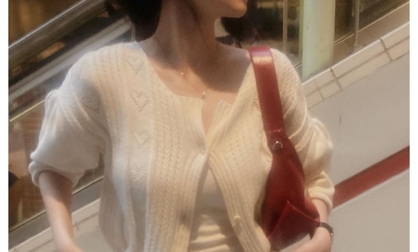 3/4-Sleeve Round Neck Pointelle Cardigan