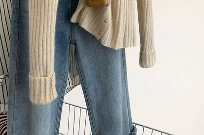 Scoop Neck Ribbed Button-Up Crop Cardigan