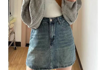 Pointelle Knit Open Front Crop Cardigan