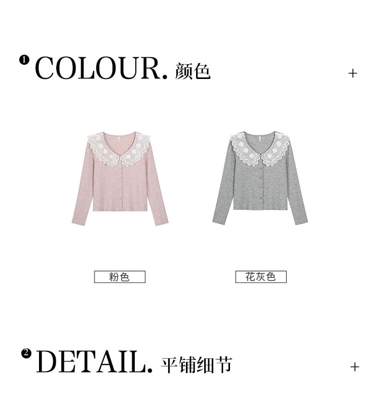 Two Tone Button-Up Cardigan with Lace Collar