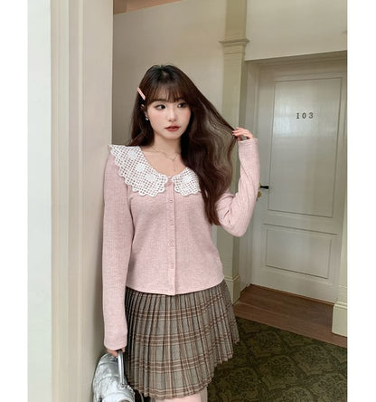 Two Tone Button-Up Cardigan with Lace Collar