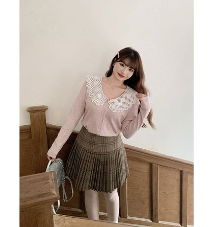 Two Tone Button-Up Cardigan with Lace Collar