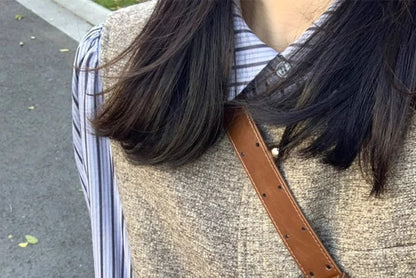 Long-Sleeve Striped Button-Up Shirt / Crew Neck Tweed Crop Vest / High Waist Pleated Mini A-Line Skirt / Set