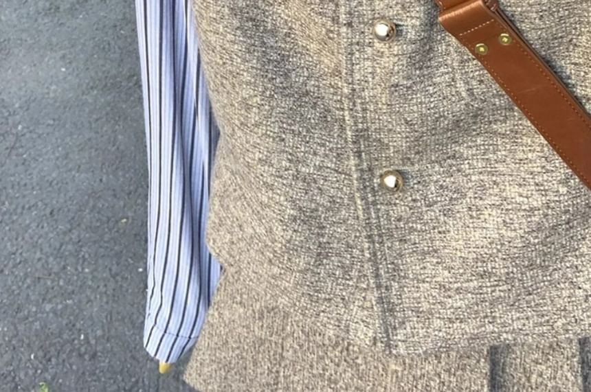 Long-Sleeve Striped Button-Up Shirt / Crew Neck Tweed Crop Vest / High Waist Pleated Mini A-Line Skirt / Set