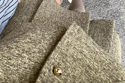 Long-Sleeve Striped Button-Up Shirt / Crew Neck Tweed Crop Vest / High Waist Pleated Mini A-Line Skirt / Set