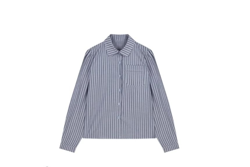 Long-Sleeve Striped Button-Up Shirt / Crew Neck Tweed Crop Vest / High Waist Pleated Mini A-Line Skirt / Set