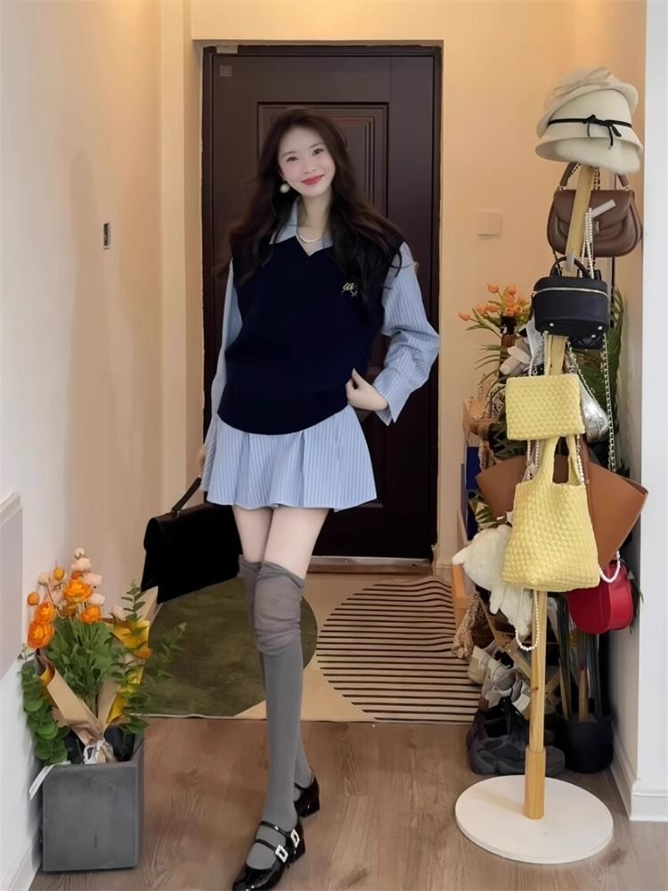 Long-Sleeve Striped Pleated Mini A-Line Shirt Dress / V-Neck Embroidered Cable Knit Sweater Vest / Set