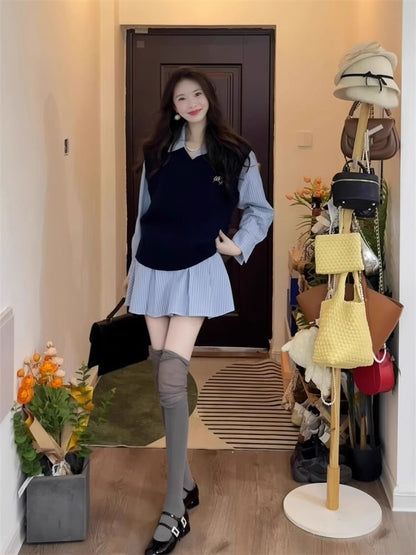 Long-Sleeve Striped Pleated Mini A-Line Shirt Dress / V-Neck Embroidered Cable Knit Sweater Vest / Set