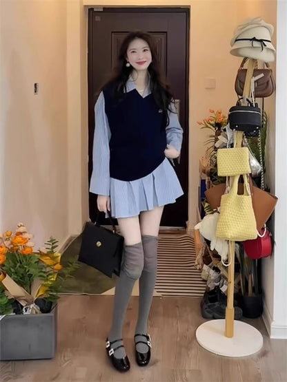 Long-Sleeve Striped Pleated Mini A-Line Shirt Dress / V-Neck Embroidered Cable Knit Sweater Vest / Set