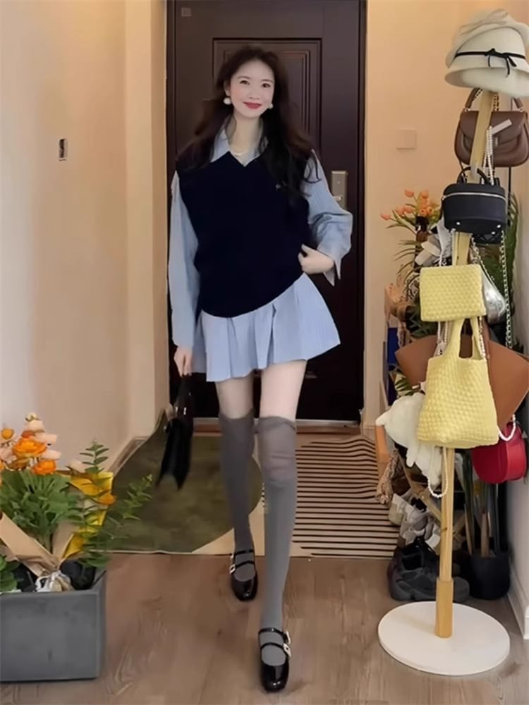 Long-Sleeve Striped Pleated Mini A-Line Shirt Dress / V-Neck Embroidered Cable Knit Sweater Vest / Set