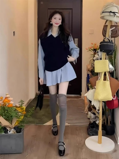 Long-Sleeve Striped Pleated Mini A-Line Shirt Dress / V-Neck Embroidered Cable Knit Sweater Vest / Set