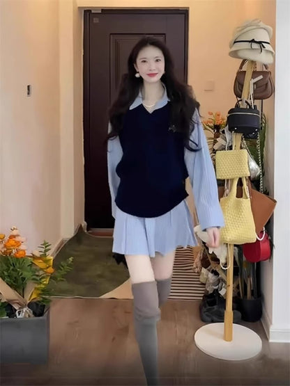 Long-Sleeve Striped Pleated Mini A-Line Shirt Dress / V-Neck Embroidered Cable Knit Sweater Vest / Set