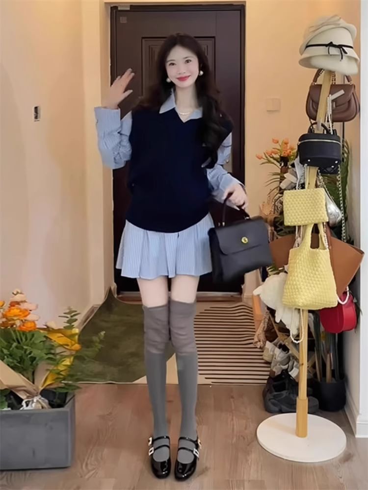 Long-Sleeve Striped Pleated Mini A-Line Shirt Dress / V-Neck Embroidered Cable Knit Sweater Vest / Set